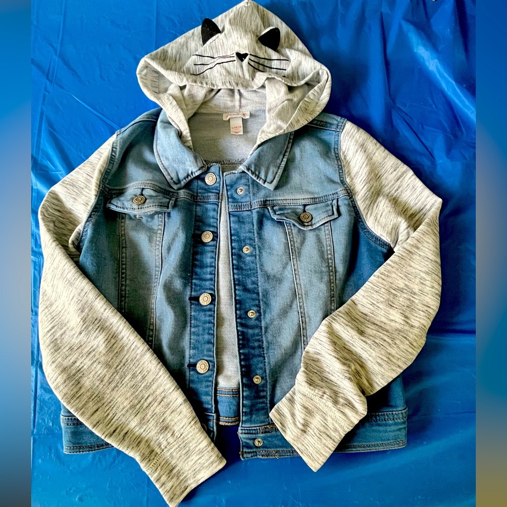 Cat n Jack Jean Jacket w kitty Hood Size L (10/12) - Like New